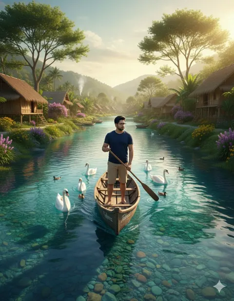 Wooden boat swans clear water