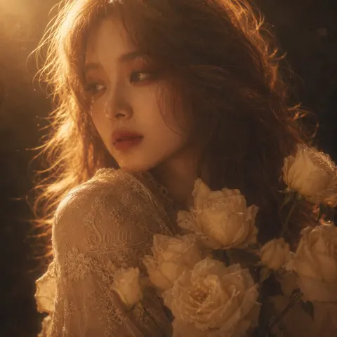 Vintage floral portrait golden backlit dream