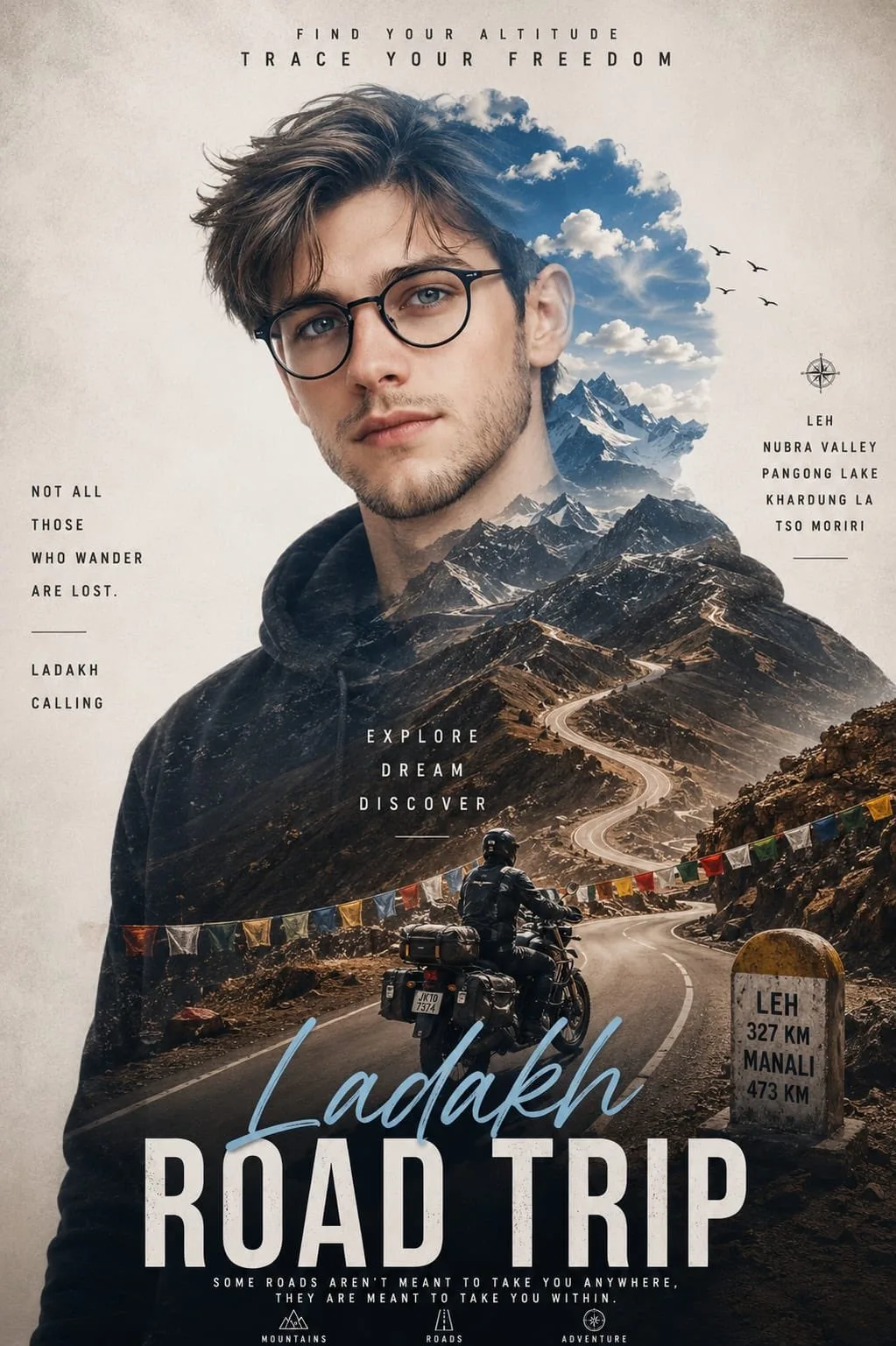 Ultra realistic cinematic ladakh travel poster double exposure — After