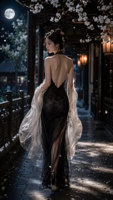 Elegant female in classic corridor under moonlight