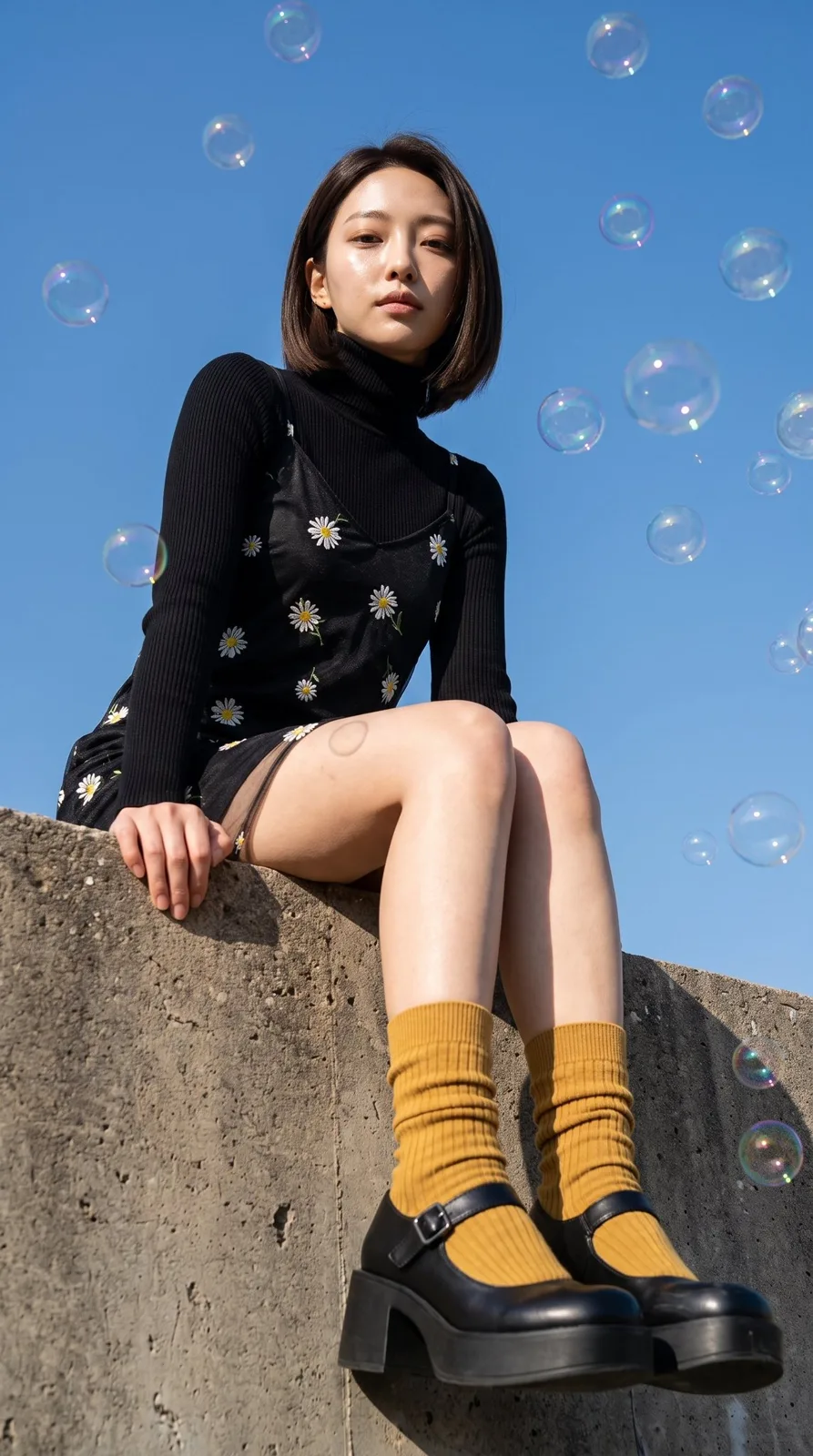 Young woman sitting on rock bubbles portrait — Sonra