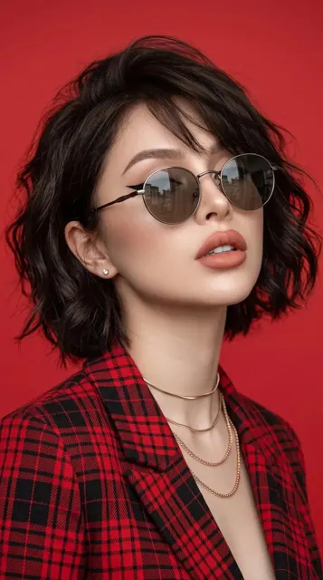 Ultra realistic red plaid jacket fashion portrait woman