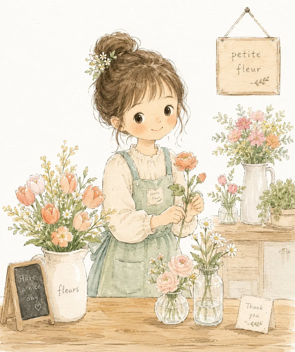 Soft childrens book girl flower shop — Sonra