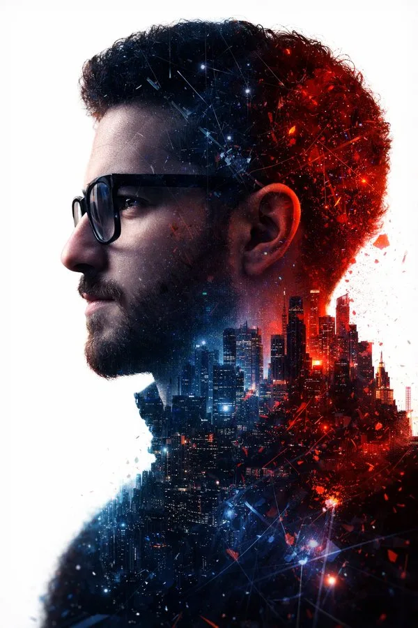 Red blue light future city double exposure youth — After