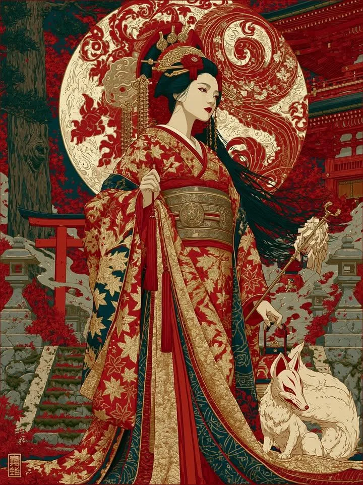 Ukiyo e inspired red gold kimono woman shrine illustration — Sonra