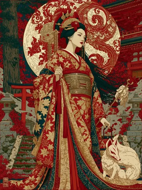 Ukiyo e inspired red gold kimono woman shrine illustration