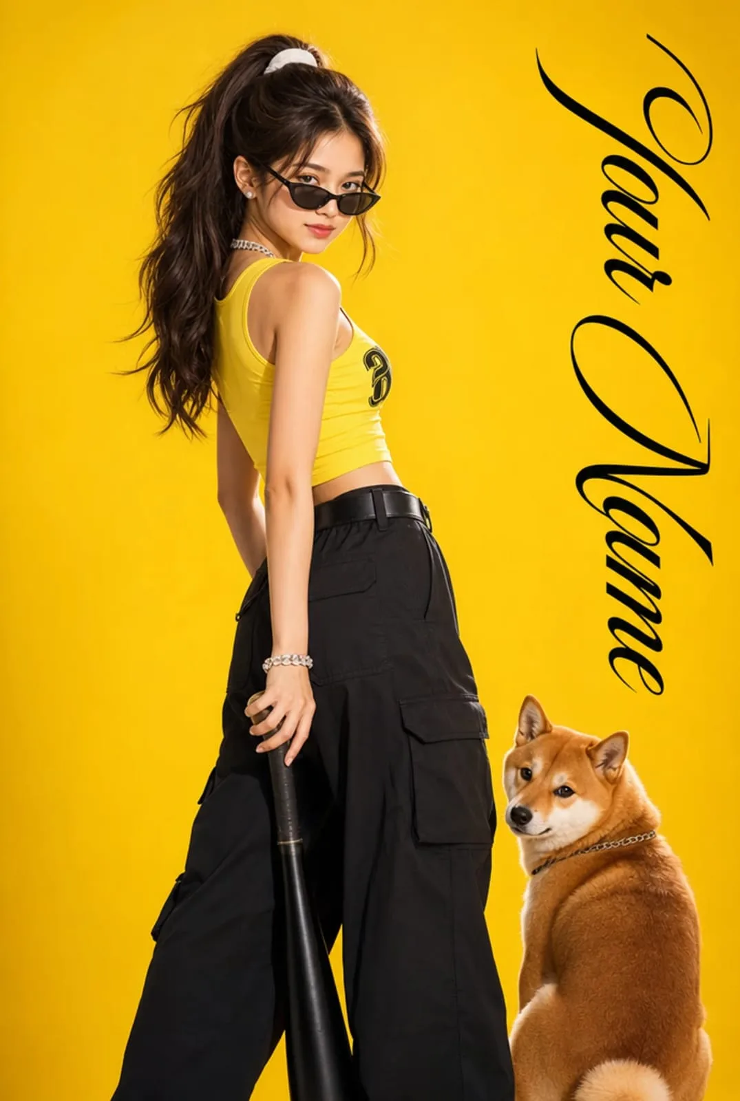 Y2k sweet cool east asian girl shiba inu commercial portrait — Sonra