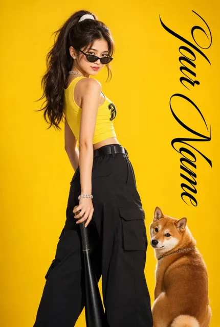 Y2k sweet cool east asian girl shiba inu commercial portrait