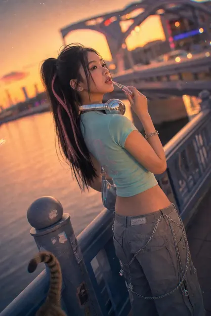 Cinematic y2k east asian woman sunset bridge portrait