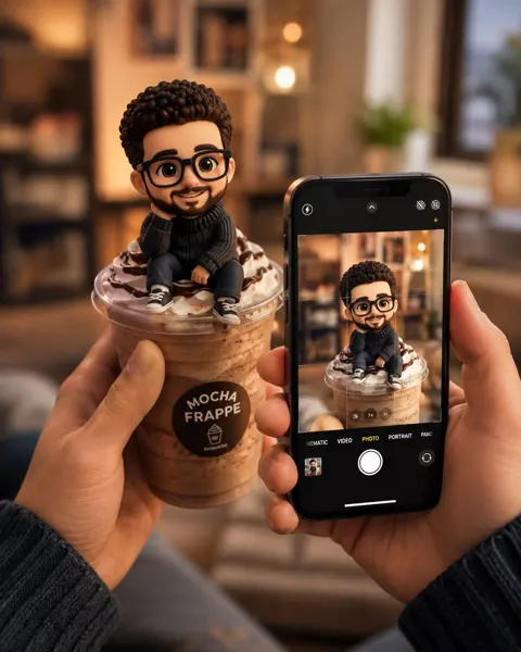 Miniature chibi boy mocha frappe 3d render