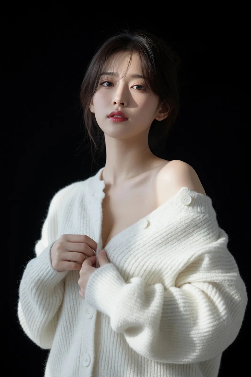 Ivory knit cardigan east asian woman low key portrait — Sonra