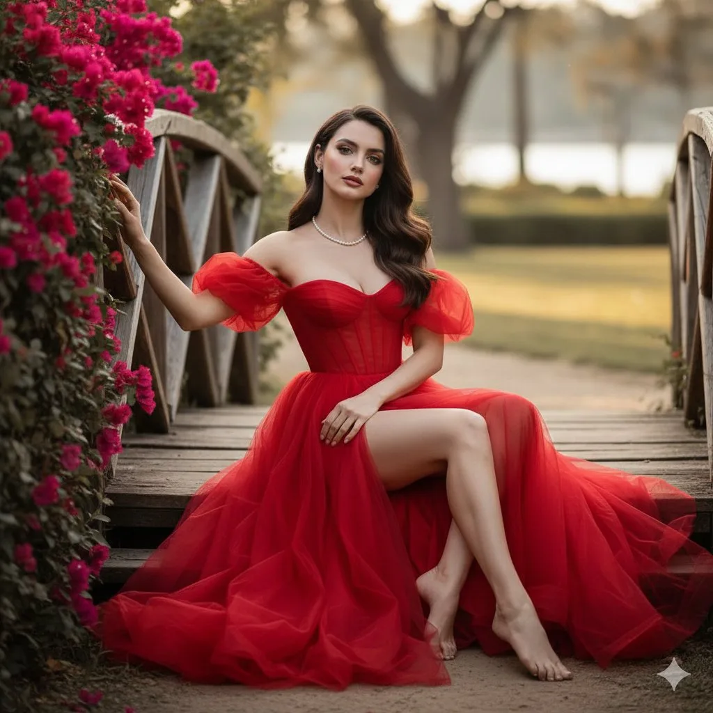 Elegant red dress goddess in sunset — After