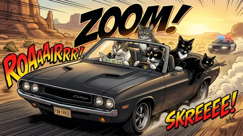 Comic style five man car chase