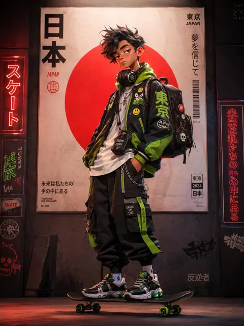 Cyberpunk anime streetwear japanese skater girl tokyo