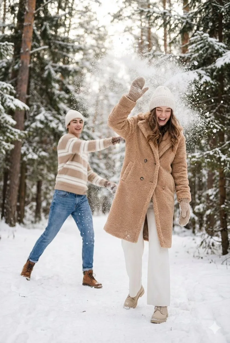 Cinematic snowball fight couple — Sonra