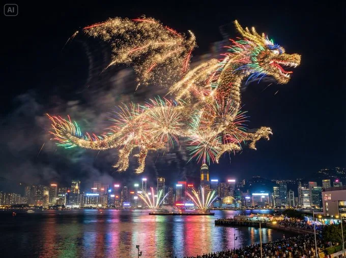 烟花在水滨城市上空勾勒出主题的形状 — After