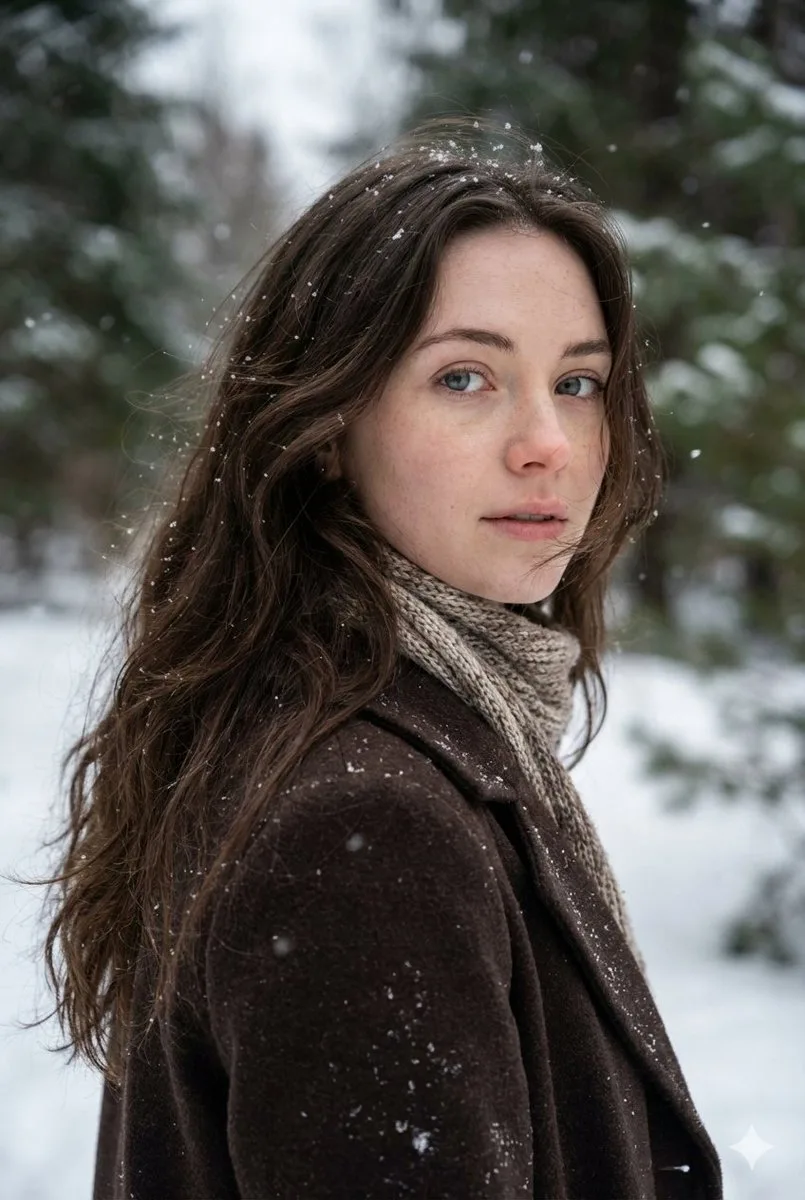 Melancholic blue eyed girl in snow forest — Sonra