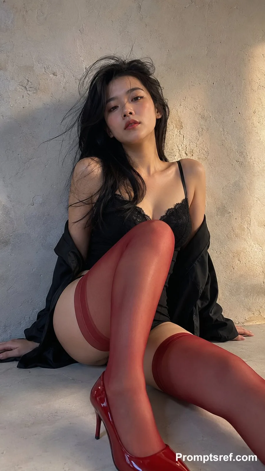 Wide angle red stockings black lace portrait photography — After