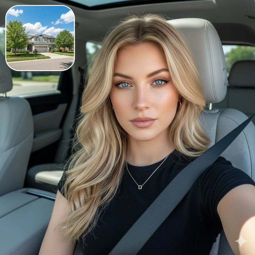 Sunny luxury suv blonde selfie — After