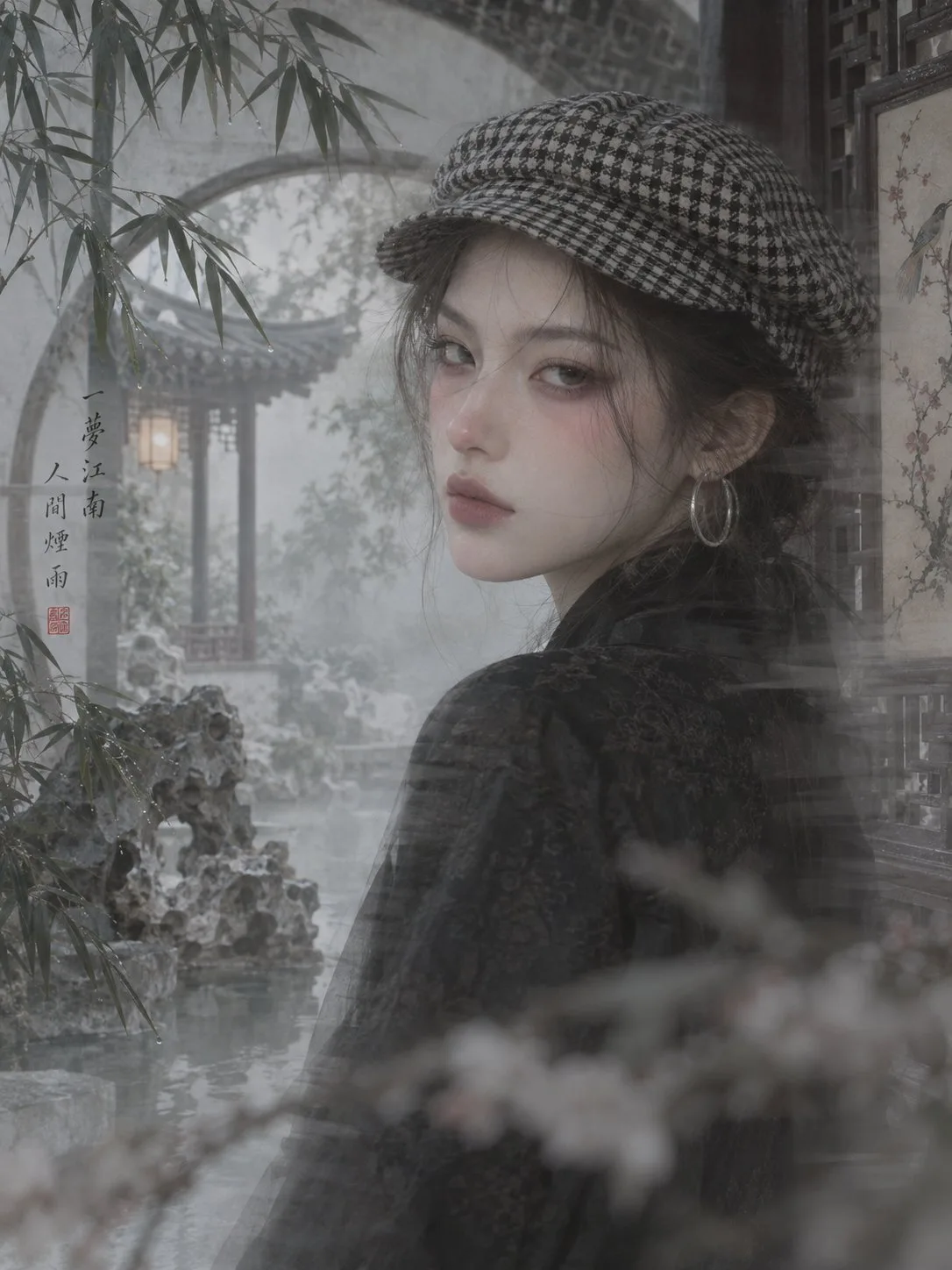Gongbi style checkered hat soft mist portrait — Sonra