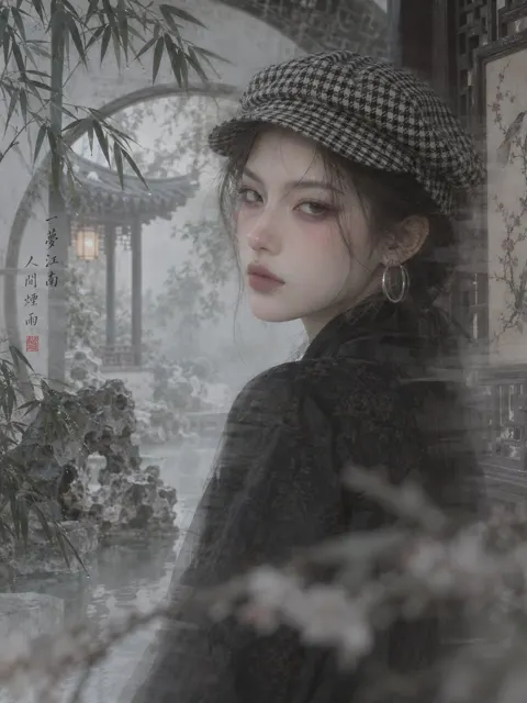 Gongbi style checkered hat soft mist portrait