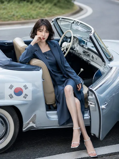 Japanese woman vintage convertible luxury fashion portrait