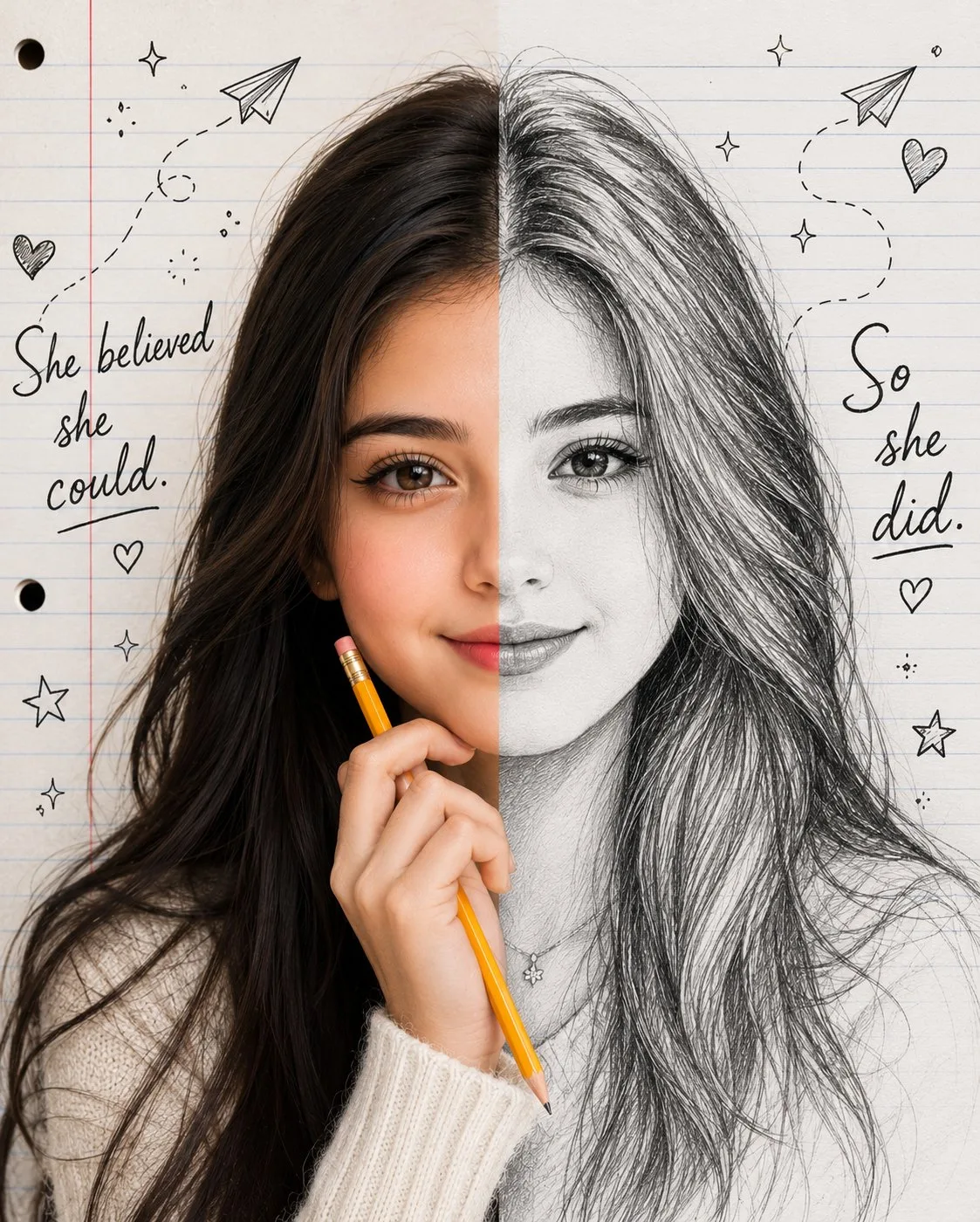 Split face photo pencil sketch portrait — After