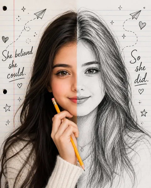 Split face photo pencil sketch portrait