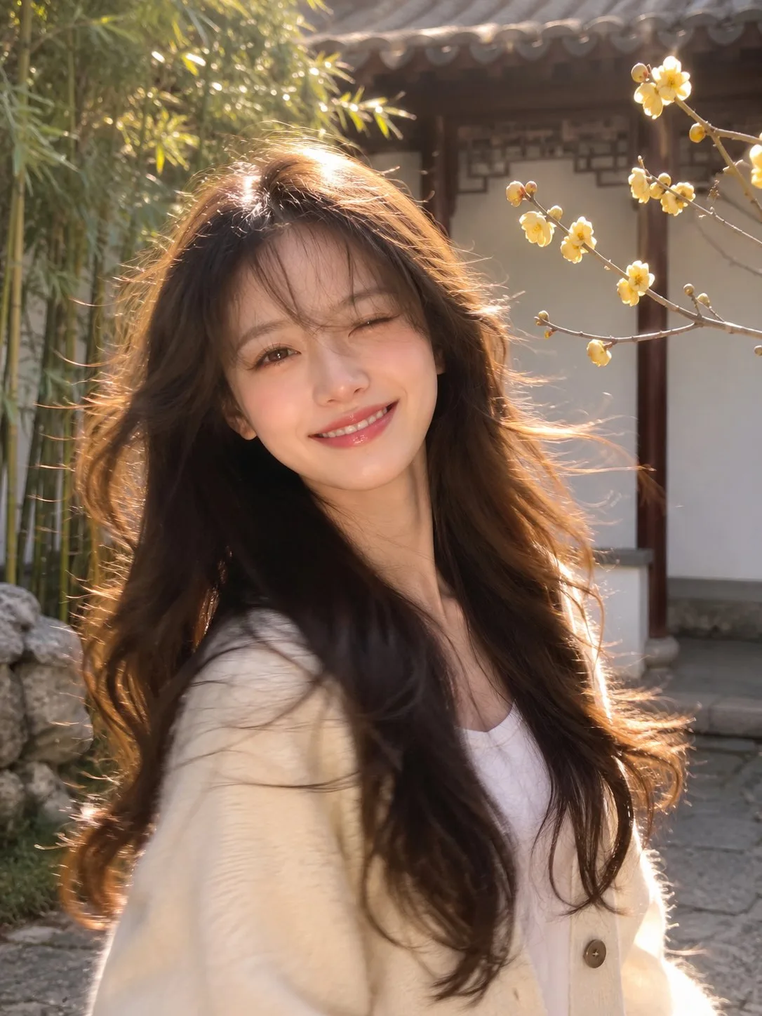 Ultra realistic candid portrait golden hour garden — Sonra