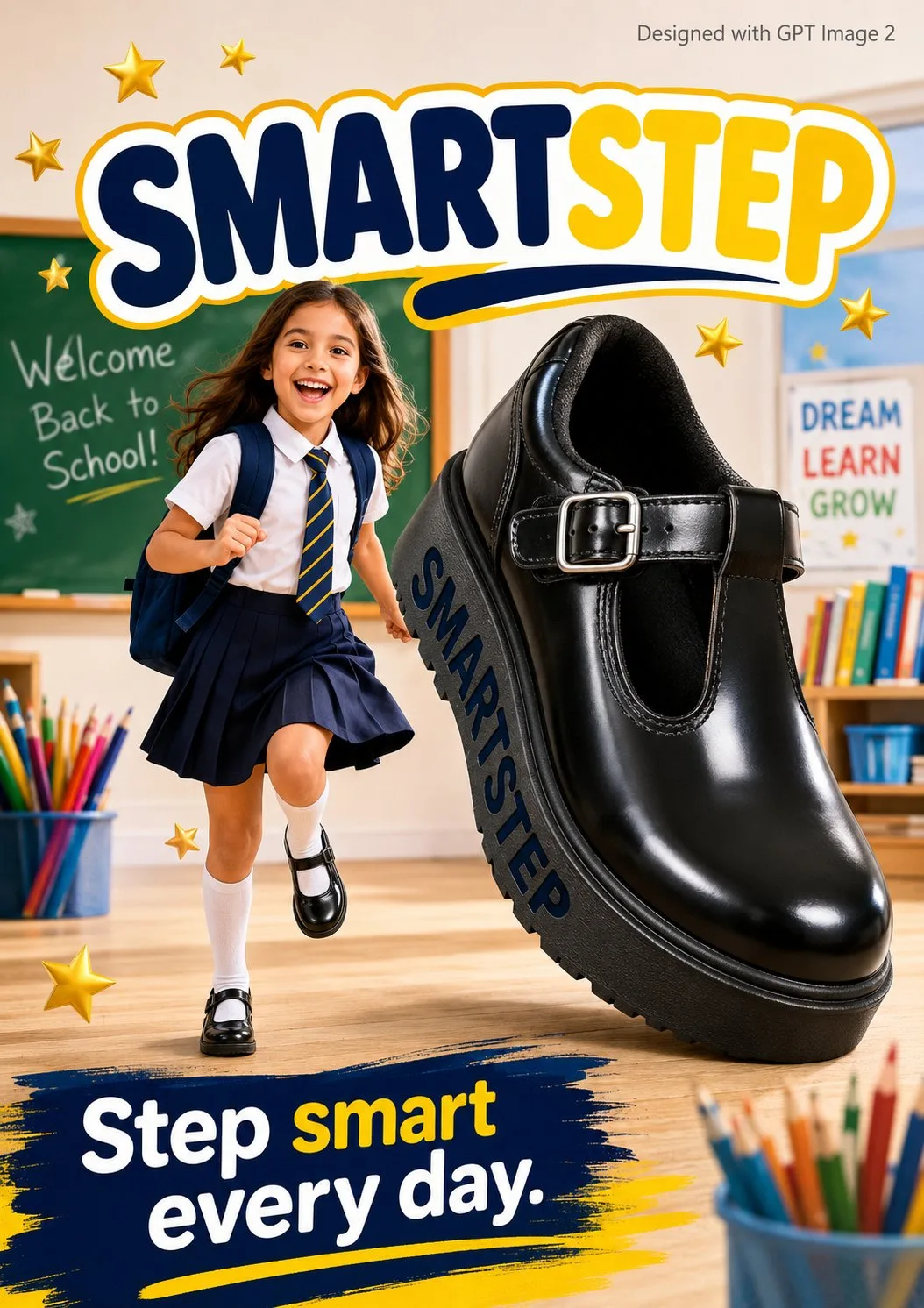 Back to school advertisement poster girl giant shoe — After