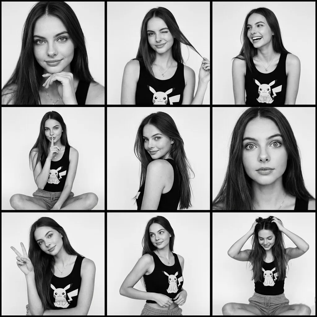 Black & White Fashion Contact Sheet Playful Poses in a 3x3 Grid — Sonra