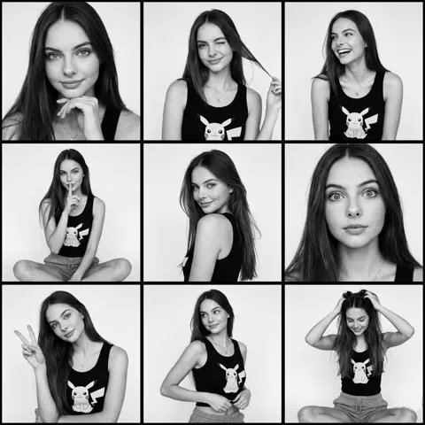 Black & White Fashion Contact Sheet Playful Poses in a 3x3 Grid