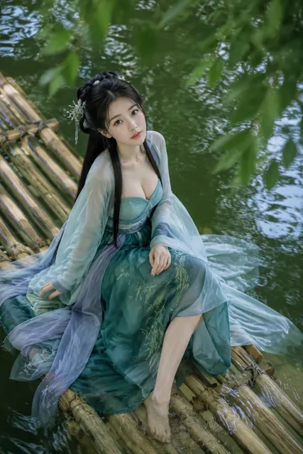 Top down bamboo raft ancient chinese woman portrait
