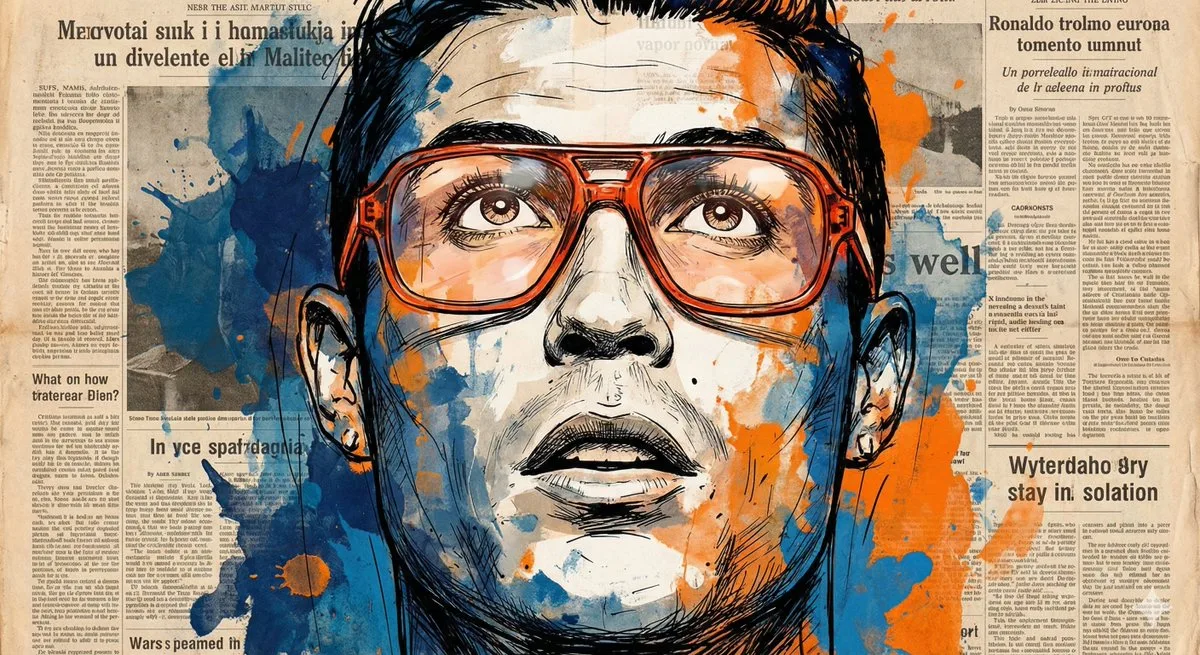 Newspaper texture portrait orange glasses — Sonra
