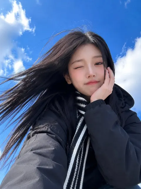 Ultra realistic east asian woman selfie low angle