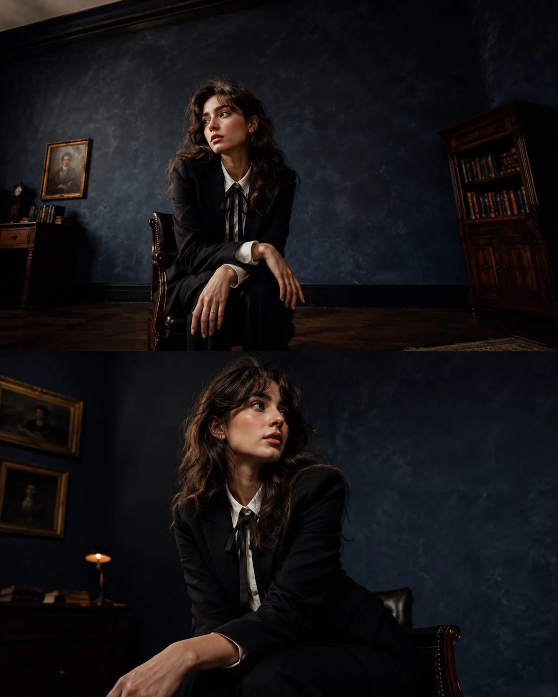 Dark academia cinematic vintage portrait wide angle — Sonra