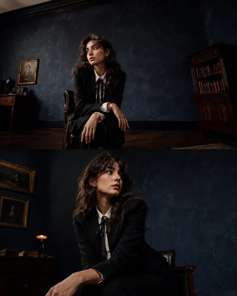 Dark academia cinematic vintage portrait wide angle