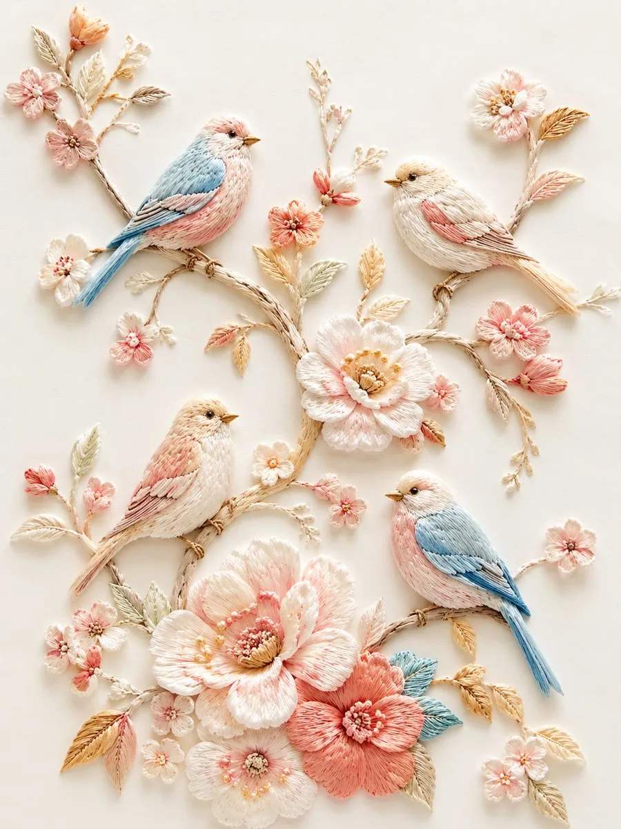 Gentle silk stumpwork birds — Sonra