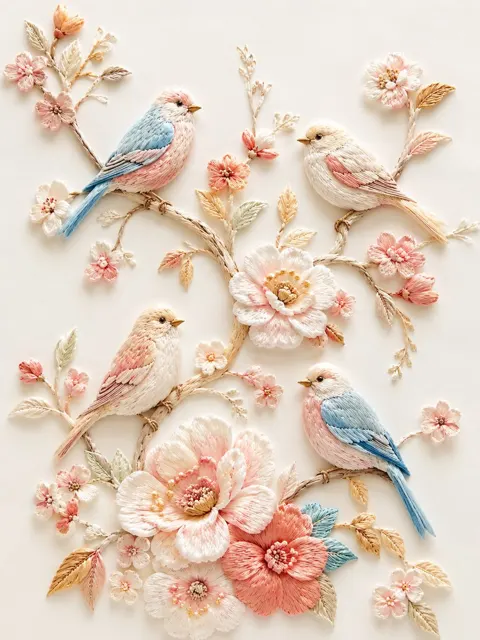 Gentle silk stumpwork birds
