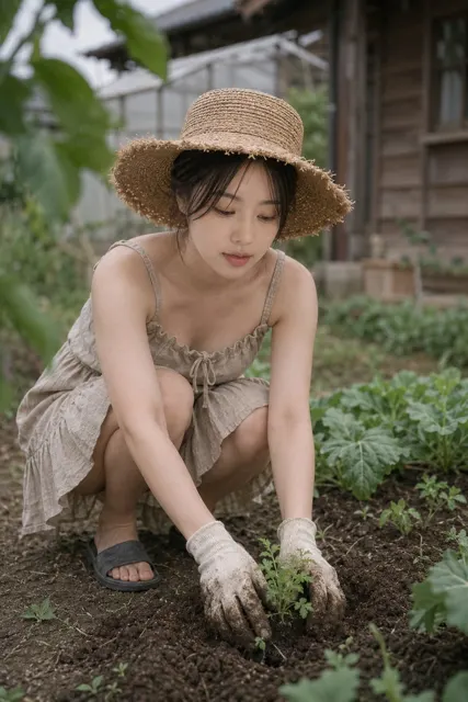 Young east asian woman gardening rural documentary