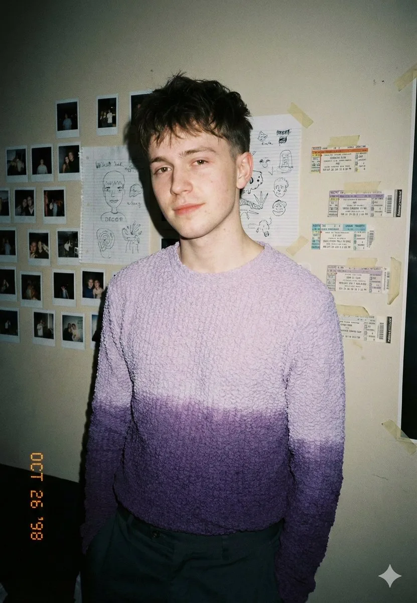 Retro indie boy bedroom flash portrait — After