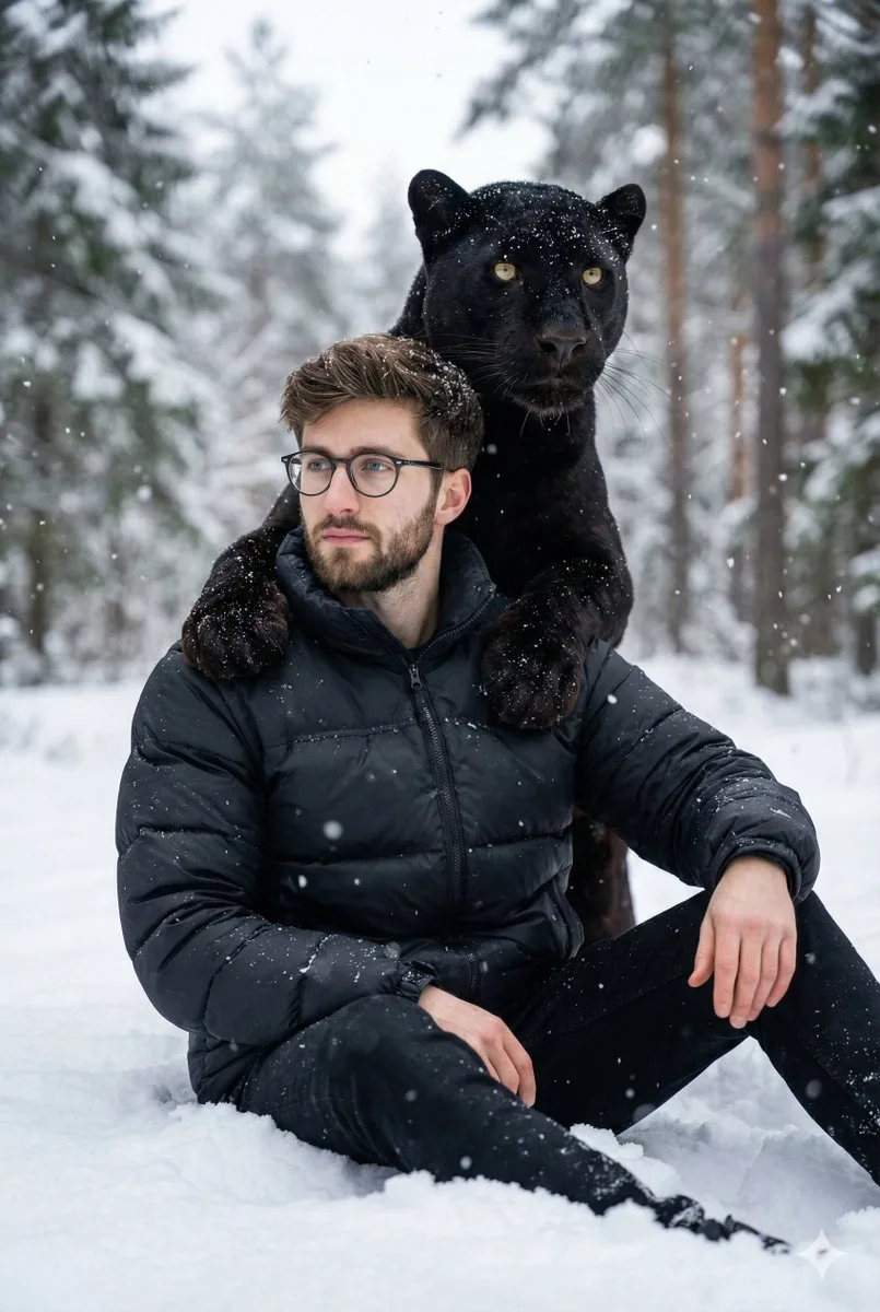 Black panther paws on man in snow — Sonra