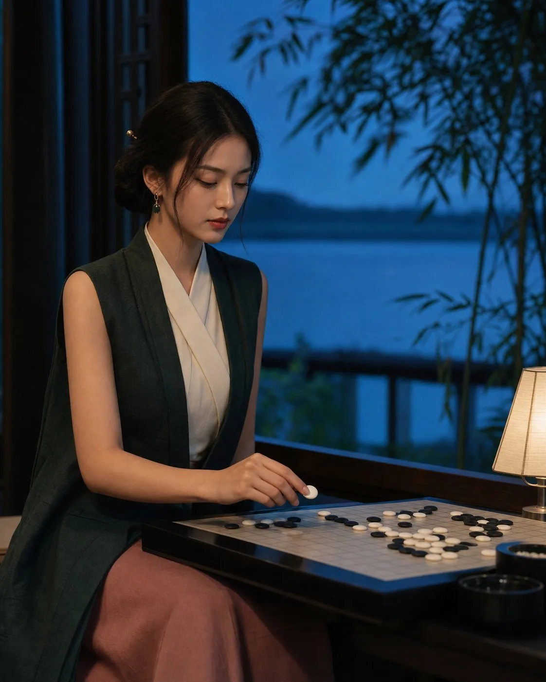 Oriental woman lifestyle chess pavilion editorial — After