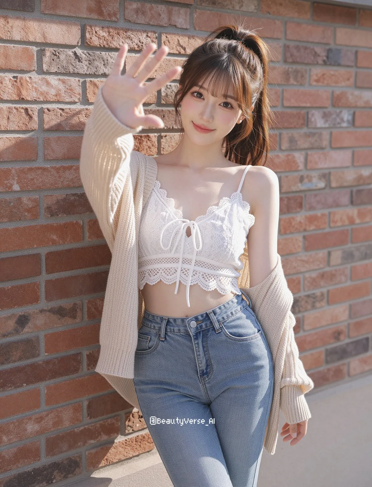 Cute japanese woman red brick wall summer fashion — After
