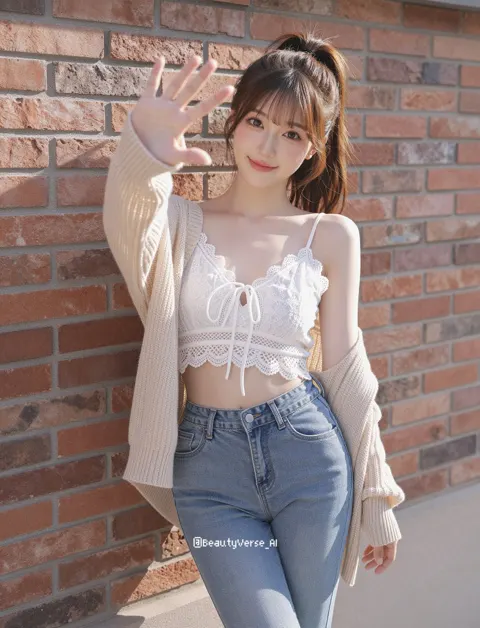 Cute japanese woman red brick wall summer fashion