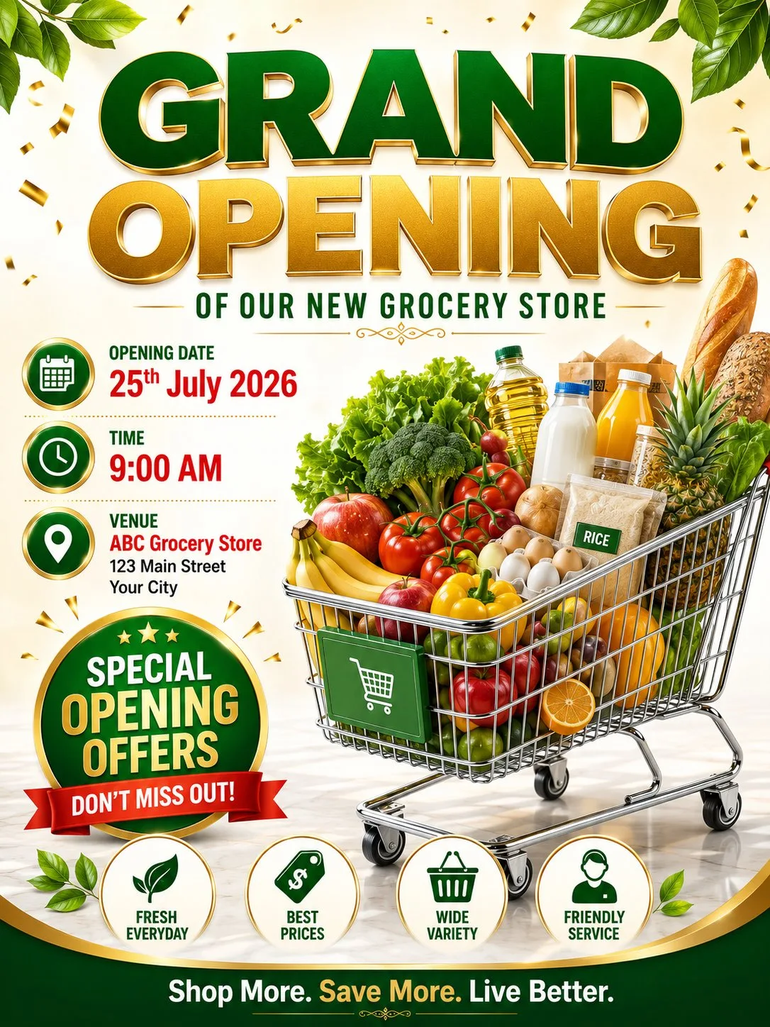 Premium grocery store grand opening poster design — Sonra