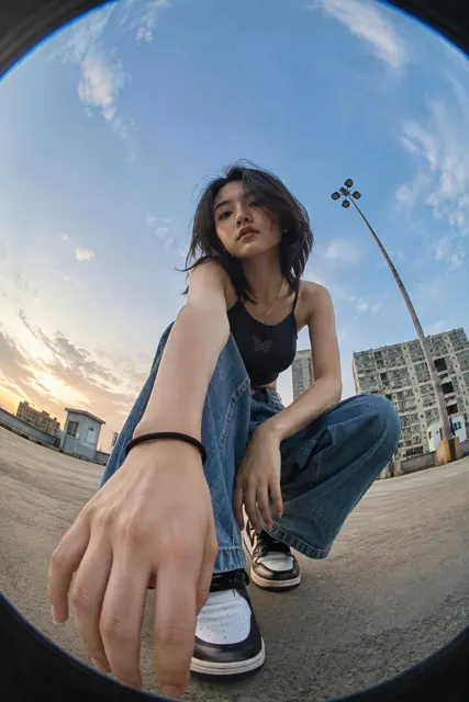 Ultra realistic 8k cinematic fisheye girl photography
