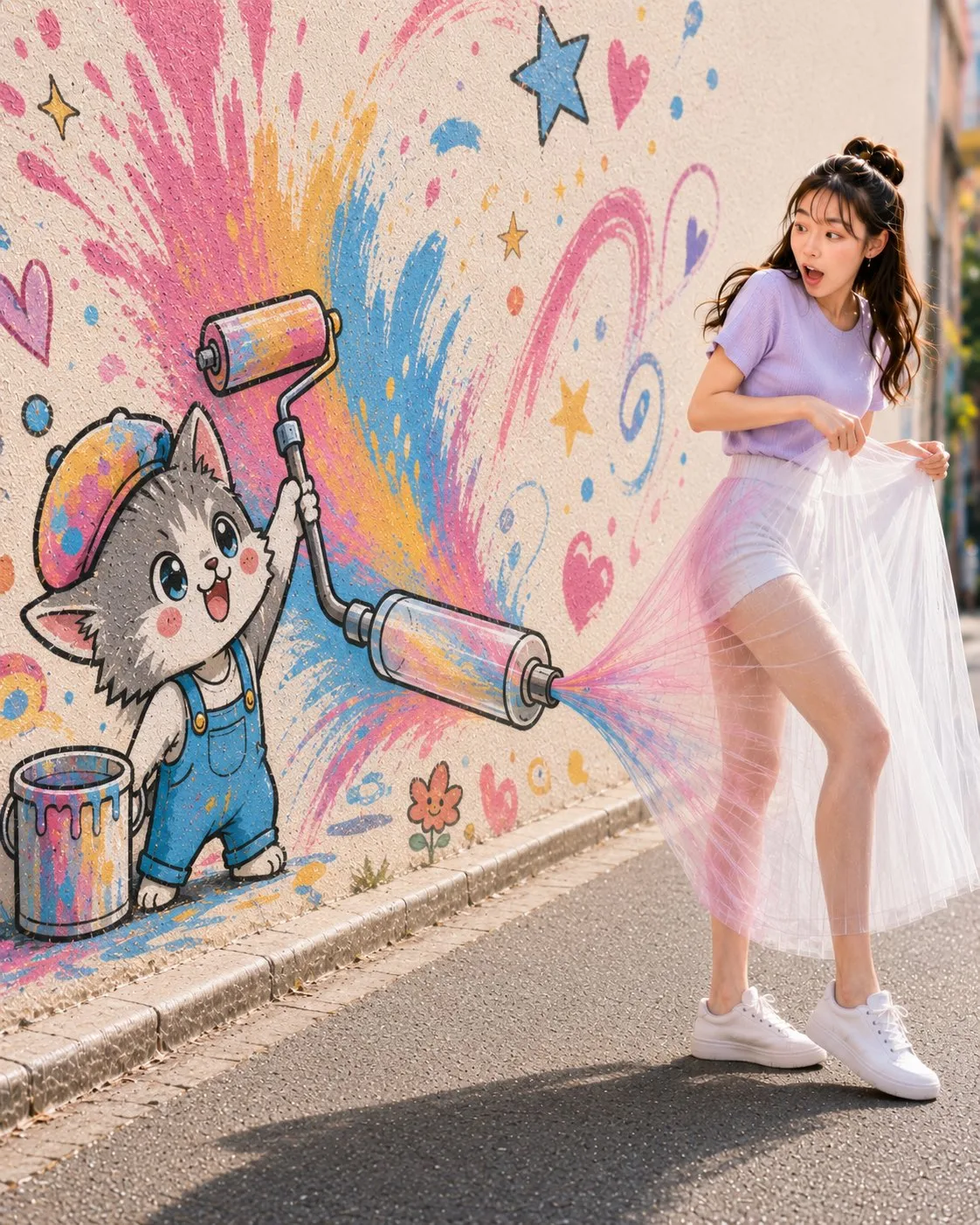 Color stealing mural surprised girl street art — Sonra