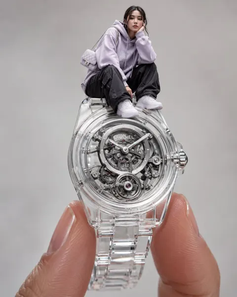Stylish woman on giant transparent luxury watch illusion