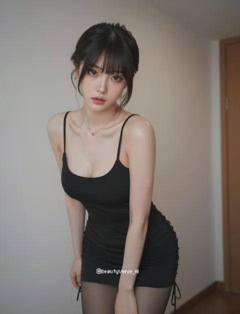 Japanese woman black spaghetti strap dress indoor portrait